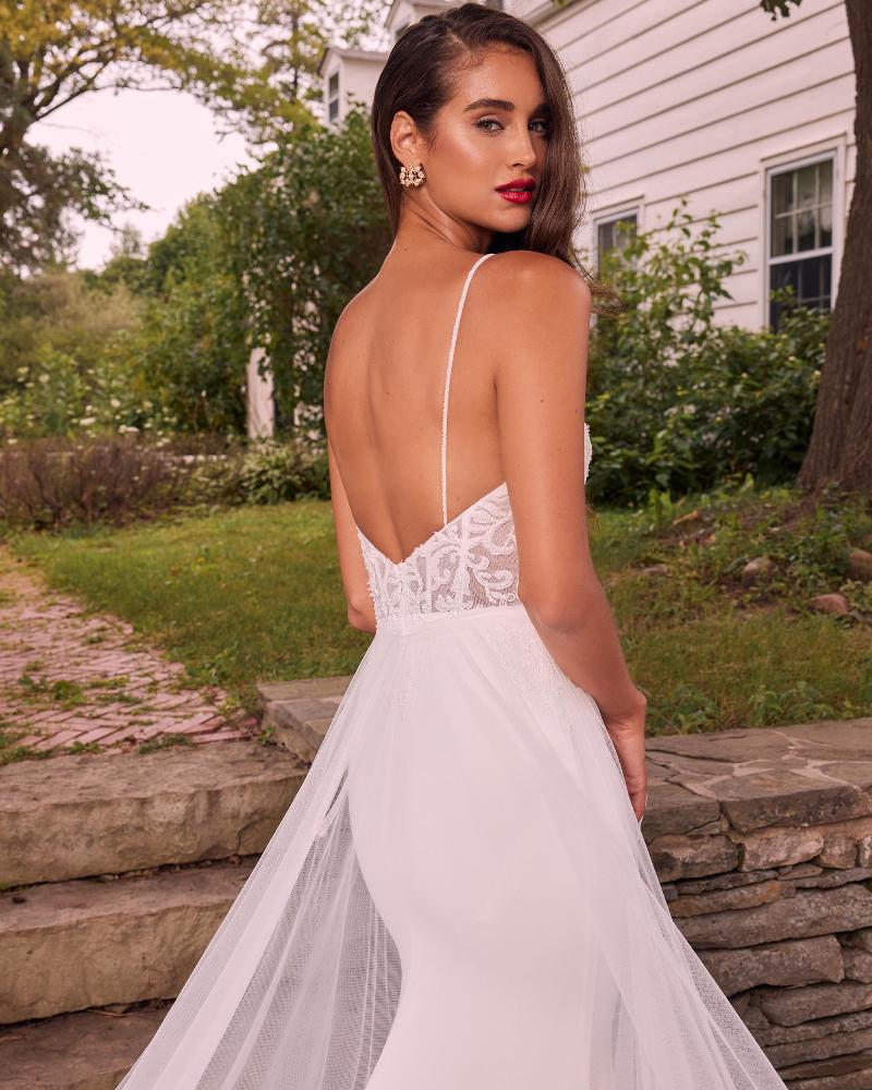 La22117 low back crepe wedding dress with lace and long train4